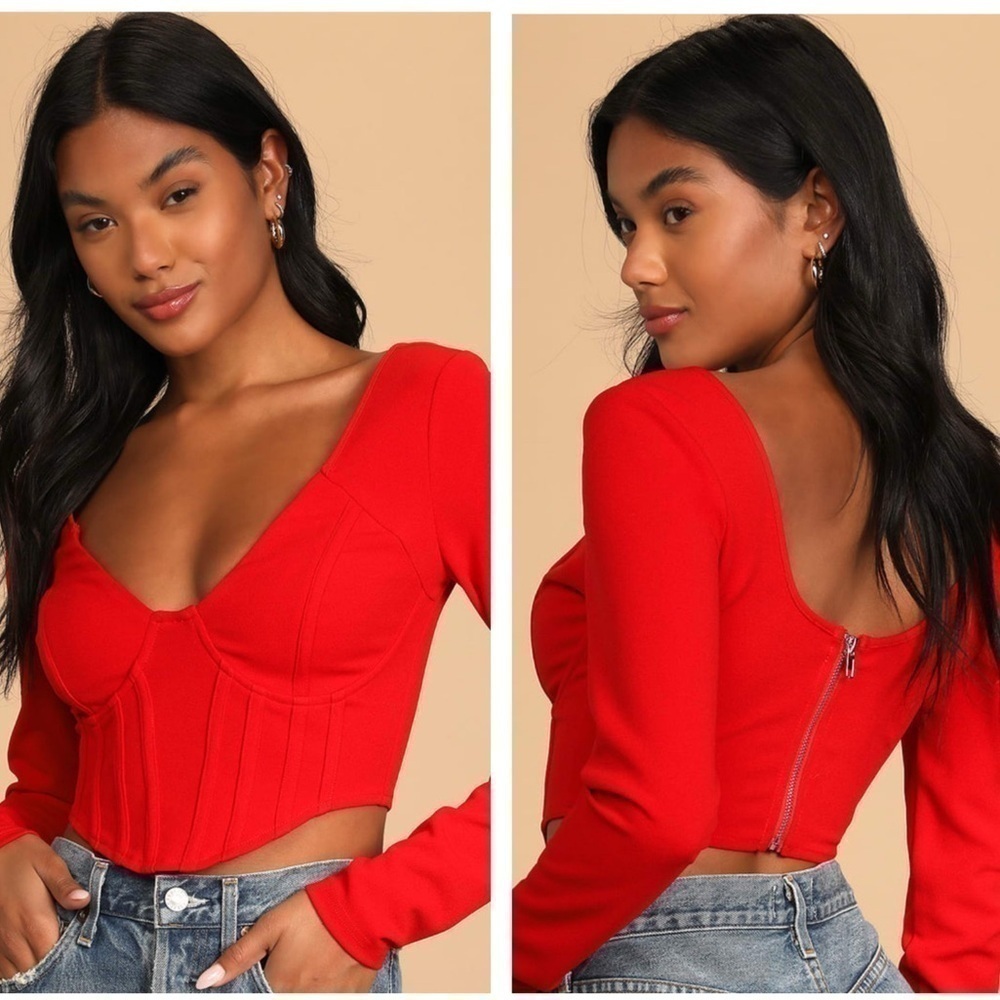 Lulus Got You Impressed Red Long Sleeve Bustier Crop Top, New With Tags, Red
